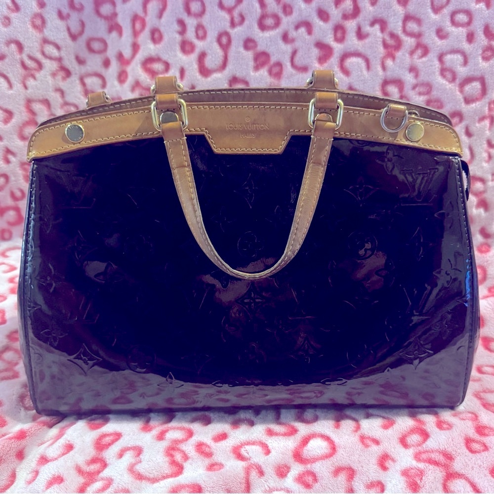 Louis Vuitton Vernis Burgundy and Tan Satchel with Gold Hardware GUC
